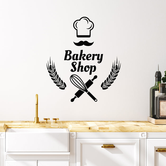 Vinyl Wall Decal Bakery Shop Sign And Fresh Bread Logo Chef Mustache Stickers Mural (g9961)