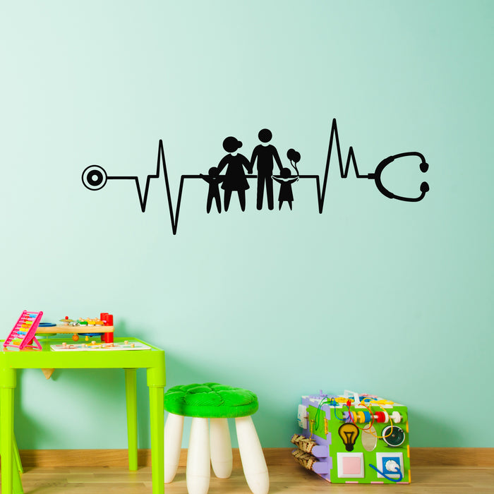 Vinyl Wall Decal Pulse Line And Heart Family Silhouette Health Care Stickers Mural (g9442)