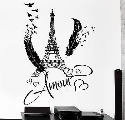 Decal Paris Eiffel Tower Amour Love Hearts Feather Romantic Sticker Unique Gift (z2846)