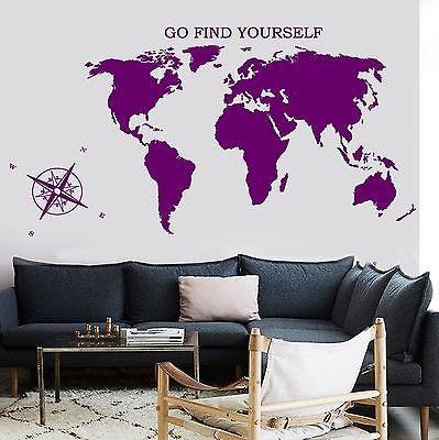 Wall Decal Map Of The World Atlas Compass Quote Go Find Yourself Unique Gift (z2839)
