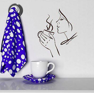 Wall Vinyl Sticker Decal Beautiful Woman Tea Cup Kitchen Coffee Shop Unique Gift (ig2079)