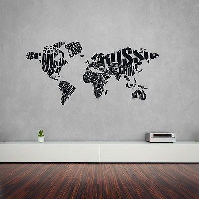 Wall Sticker World Map Made of Country Names Modern Cool Decor for Living Room Unique Gift (z1310)