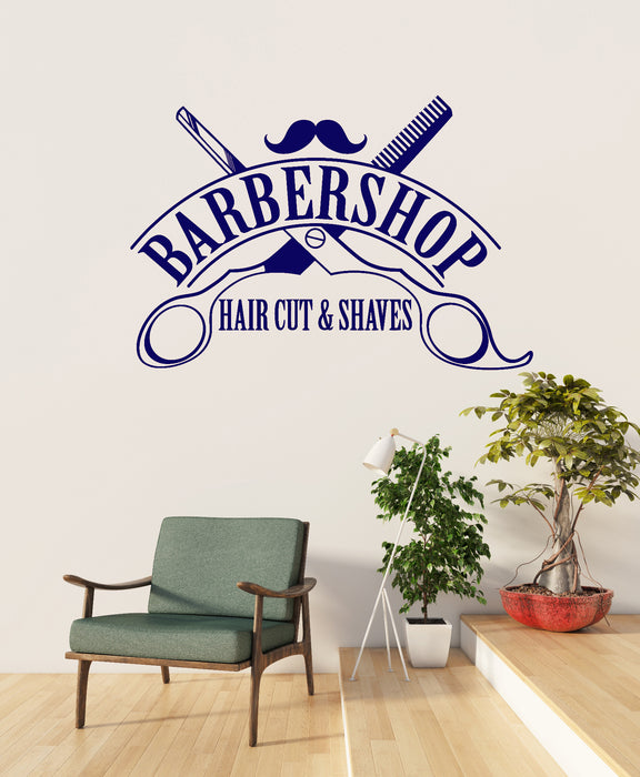 Vinyl Wall Decal Barbershop Hair Cut Shaves Scissors Stickers Mural Unique Gift (ig4394)