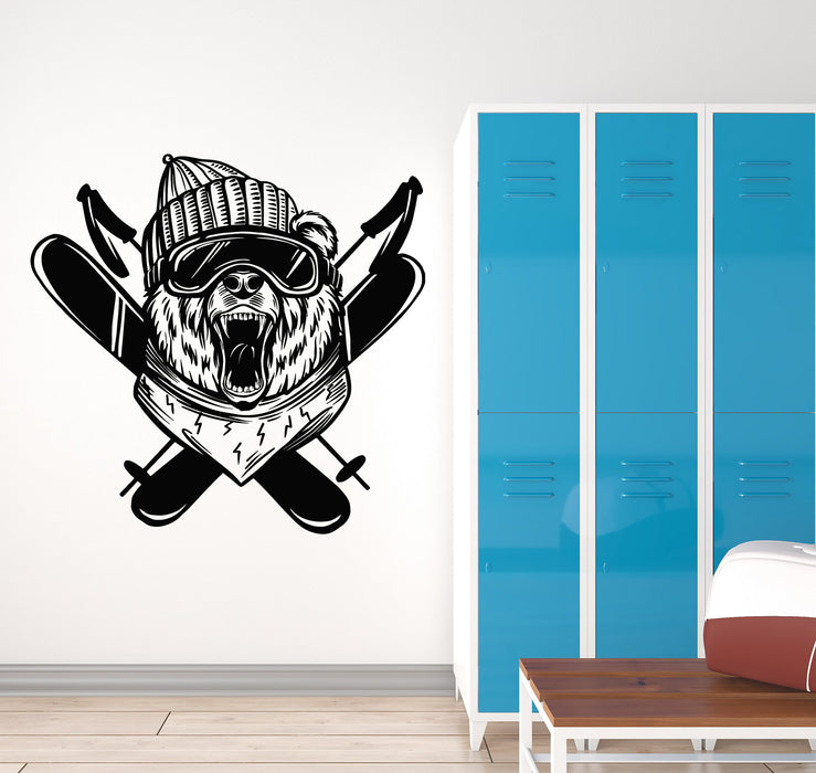 Vinyl Wall Decal Bear Head Skier Snowboard Ski Resort Emblem Stickers Mural (g7432)