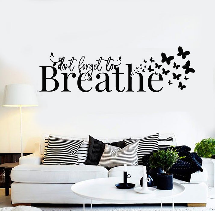 Vinyl Wall Decal Just Breathe Inspiring Quote Butterflies Meditation Room Stickers Mural (g3041)