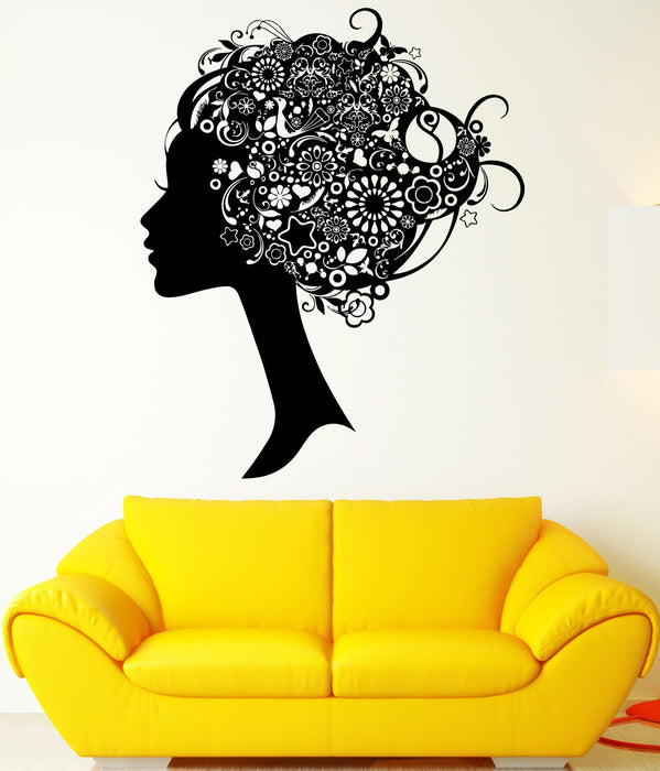 Wall Decal Girl Hair Ornament Flower Beauty Pattern Mural Vinyl Decal Unique Gift (ed390)