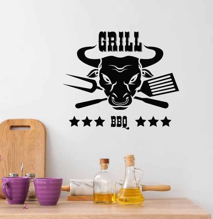 Vinyl Wall Decal Grill Menu BBQ Bull Fresh Meat Steak Kitchen Stickers Mural (g8349)