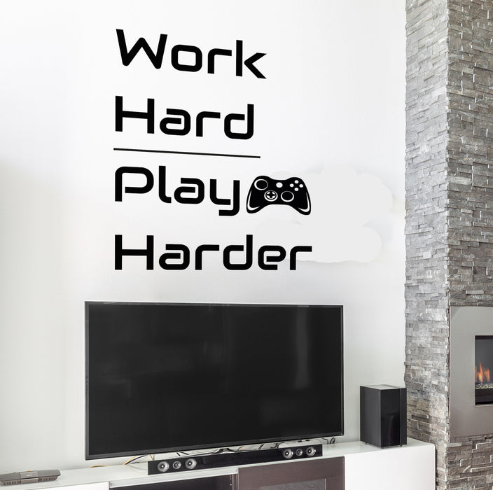 Vinyl Wall Decal Quote Work Hard Play Harder Joystick Gaming Teen Boys Room Stickers Mural 22.5 in x 28 in gz244