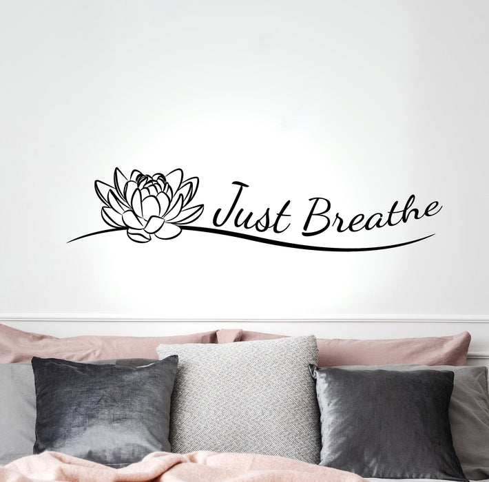 Vinyl Wall Decal Yoga Studio Meditate Just Breathe Lotus Flower Quote Bedroom 35 in x 8 in gz260