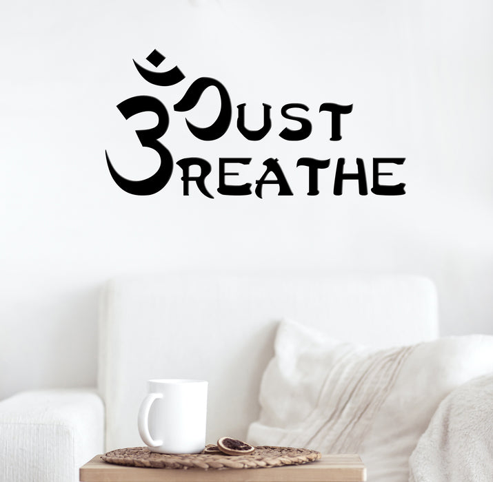 Vinyl Wall Decal Om Just Breathe Indian Words Yoga Room Stickers Mural 22.5 in x 11.5 in gz261