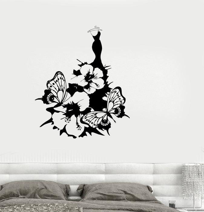 Vinyl Decal Women's Dress Fashion Flower Butterfly Girl Room Wall Stickers Unique Gift (ig2612)