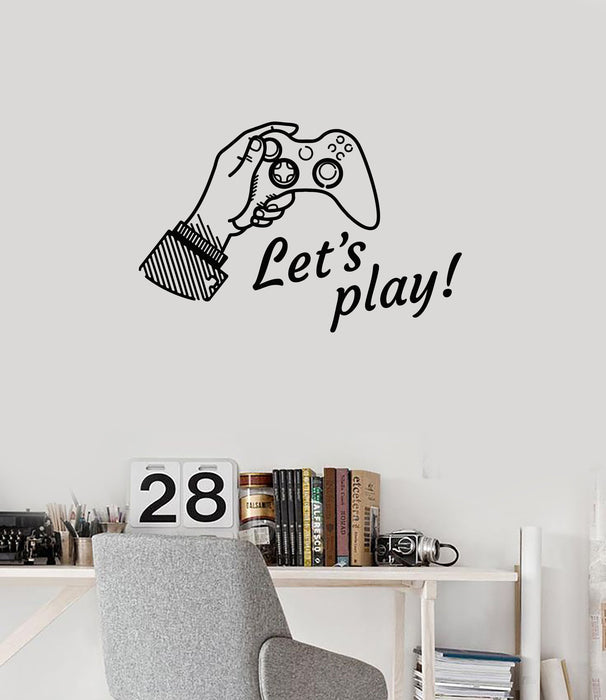 Vinyl Wall Decal Let's Play Phrase Quote Video Games Joystick Gaming Art Stickers Mural (ig5523)