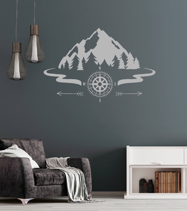 Vinyl Wall Decal Mountains Compass Camping Forest Camp Decor Art Stickers Mural (ig5651)