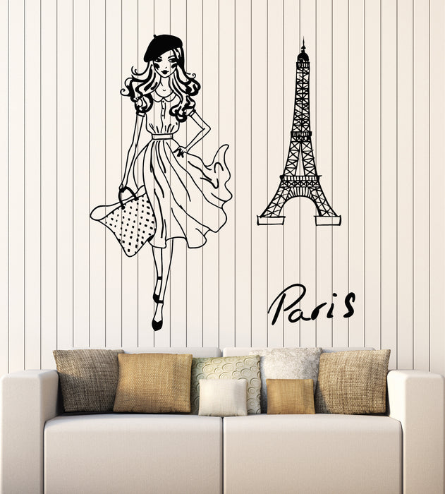 Vinyl Wall Decal Fashion Girl Paris Eiffel Tower French Model Romantic Art Stickers Mural (g2312)