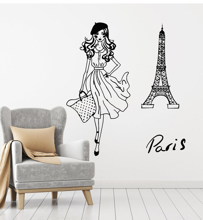 Vinyl Wall Decal Fashion Girl Paris Eiffel Tower French Model Romantic Art Stickers Mural (g2312)