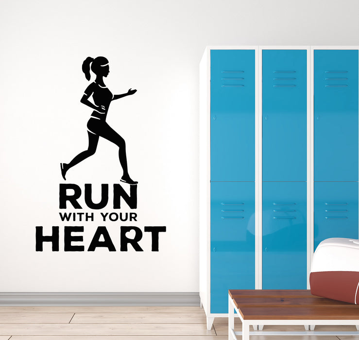 Vinyl Wall Decal Girl Running Sport Heart Cardio Healthy Training Mural (g2766)