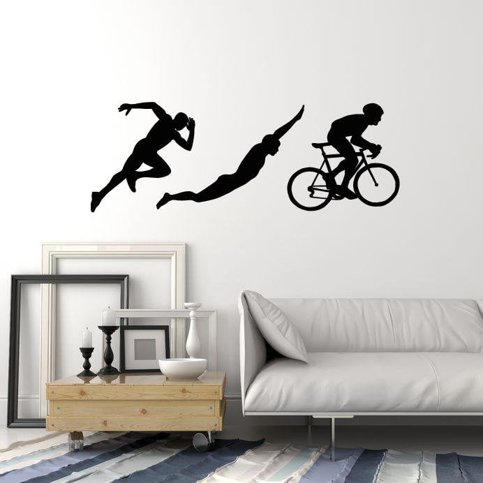 Vinyl Wall Decal Triathlon Sports Silhouettes Athlete Running Swimming Cycling Stickers Mural (ig5246)