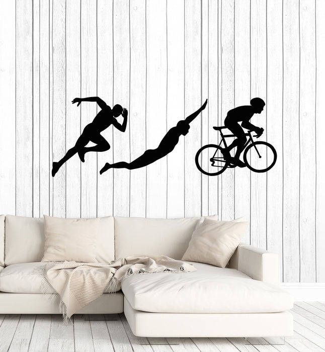 Vinyl Wall Decal Triathlon Sports Silhouettes Athlete Running Swimming Cycling Stickers Mural (ig5246)