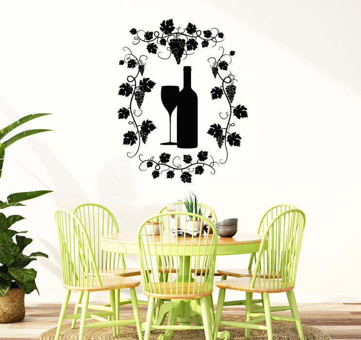 Vinyl Wall Decal Restaurant Grape Bunches Bottle of Wine Glass Drink Stickers Mural (g7704)