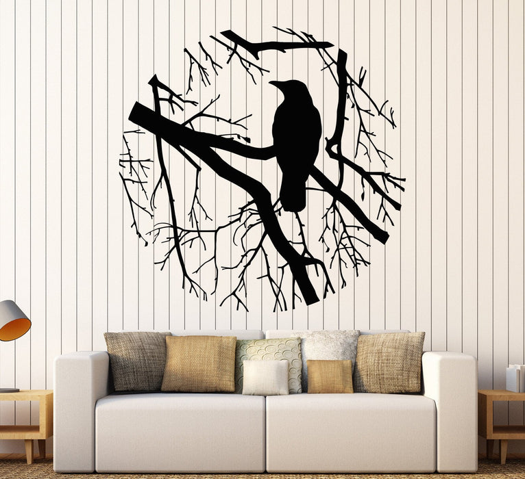 Vinyl Wall Decal Bird Branch Crow Gothic Style Circle Bedroom Design Stickers Unique Gift (801ig)