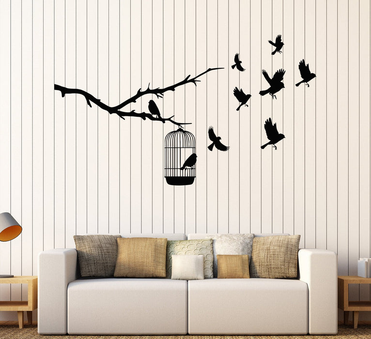 Vinyl Wall Decal Tree Branch Cage Birds Nature Stickers Unique Gift (762ig)
