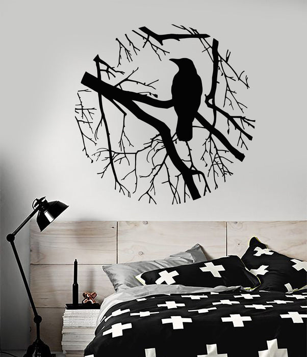 Vinyl Wall Decal Bird Branch Crow Gothic Style Circle Bedroom Design Stickers Unique Gift (801ig)