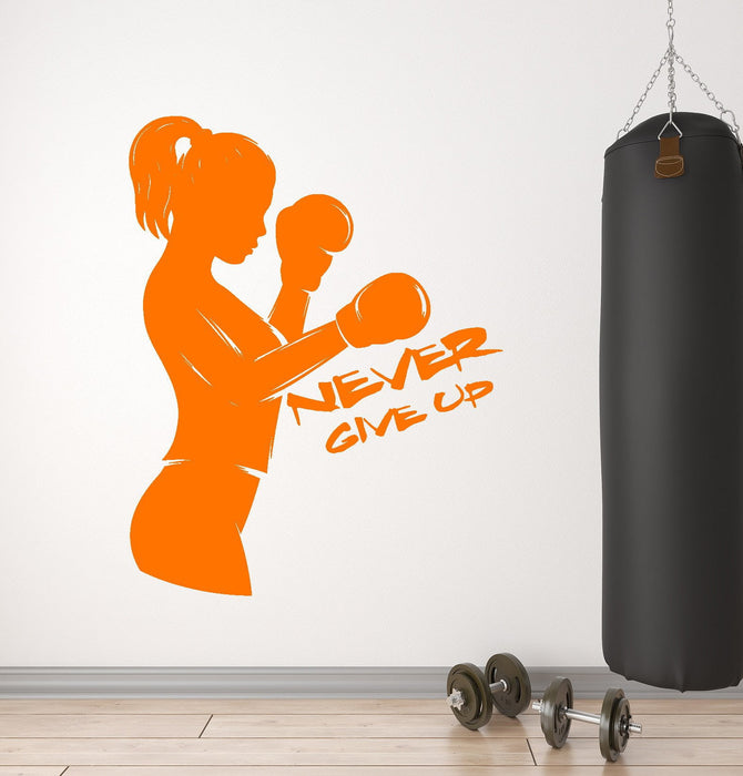 Vinyl Wall Decal Boxer Girl Boxing Gloves Sport Never Give Up Motivation Quote Stickers (2626ig)