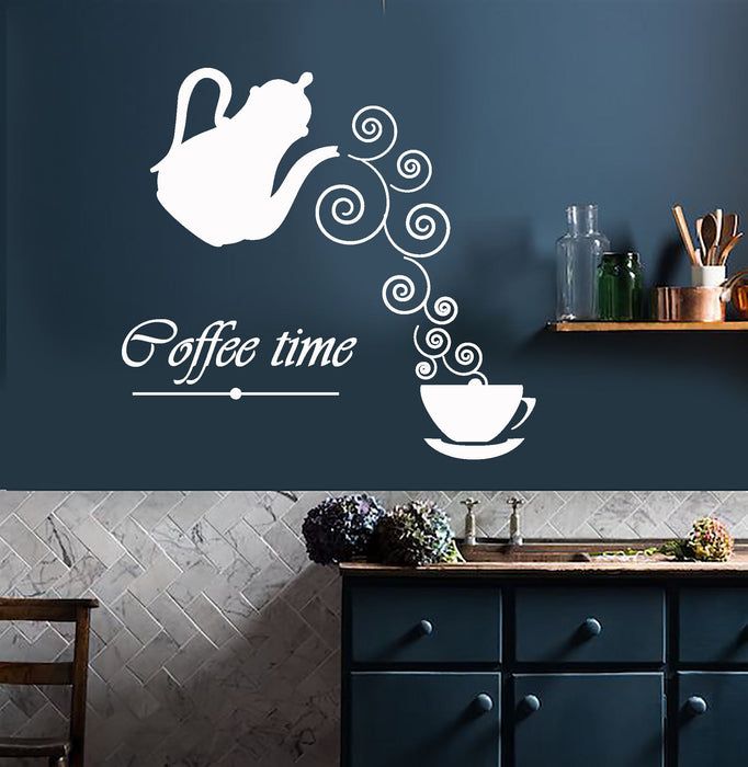 Vinyl Wall Decal Coffee Time Logo Kettle Cup Hot Drink Stickers Unique Gift (2012ig)