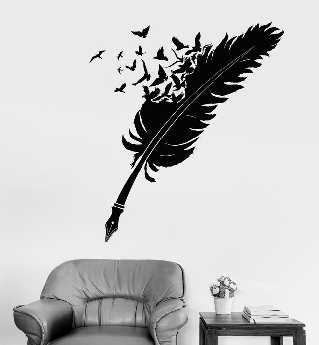 Vinyl Wall Decal Writing Pen Feather Flock Of Birds Ravens Writer Stickers Unique Gift (1999ig)