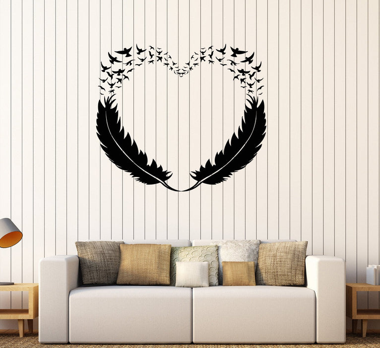 Vinyl Wall Decal Feathers Heart Decor Love Birds Romantic Stickers Unique Gift (299ig)