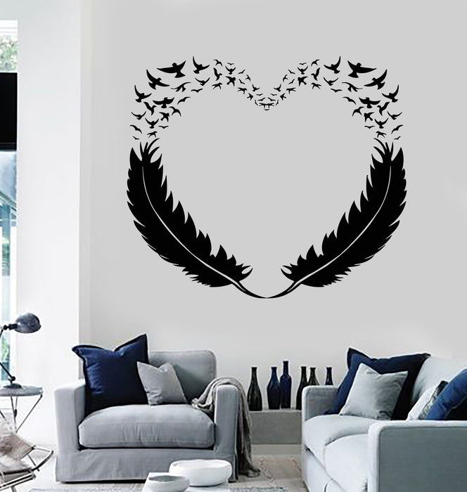 Vinyl Wall Decal Feathers Heart Decor Love Birds Romantic Stickers Unique Gift (299ig)
