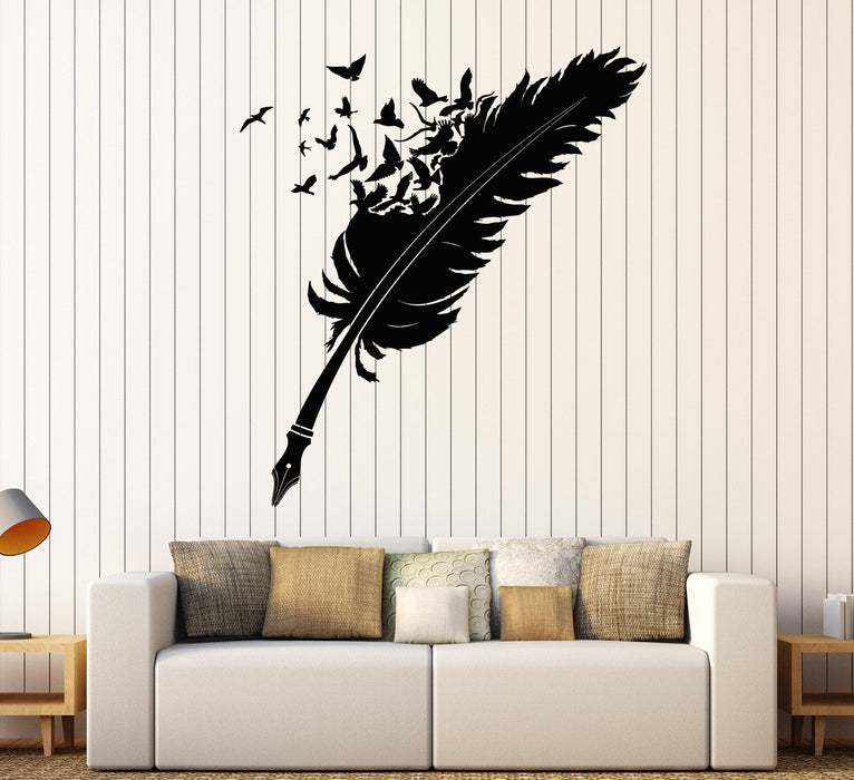 Vinyl Wall Decal Writing Pen Feather Flock Of Birds Ravens Writer Stickers Unique Gift (1999ig)