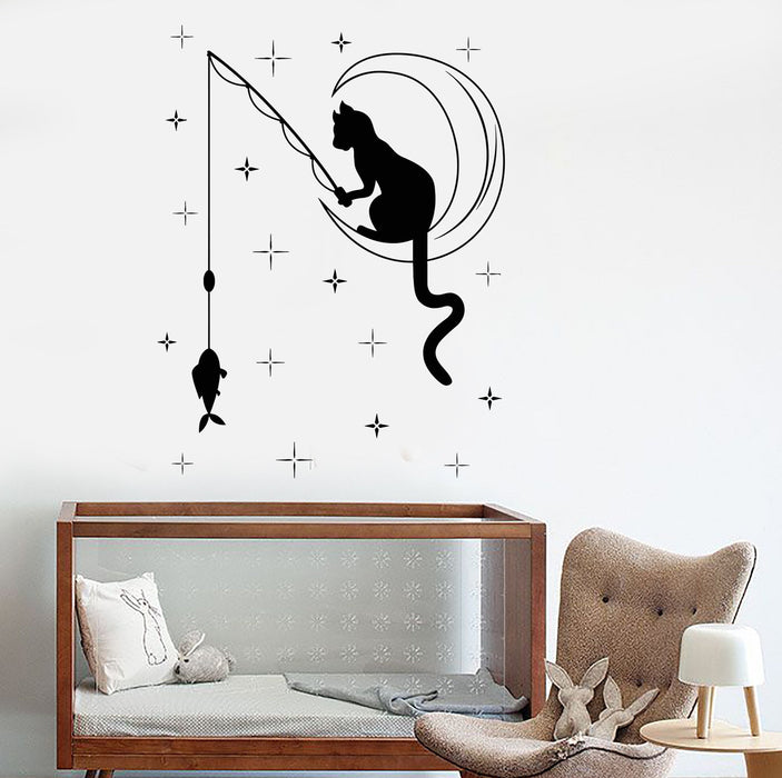 Vinyl Wall Decal Cat Fishing Stars Crescent Nursery Bedroom Stickers Unique Gift (ig4064)