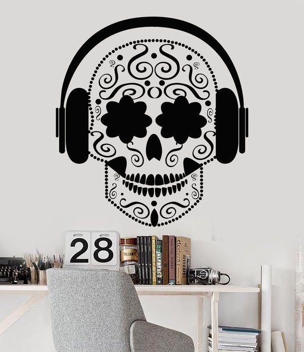 Vinyl Wall Decal Art Mexican Skull Flowers Musical Headphones Stickers Unique Gift (1285ig)