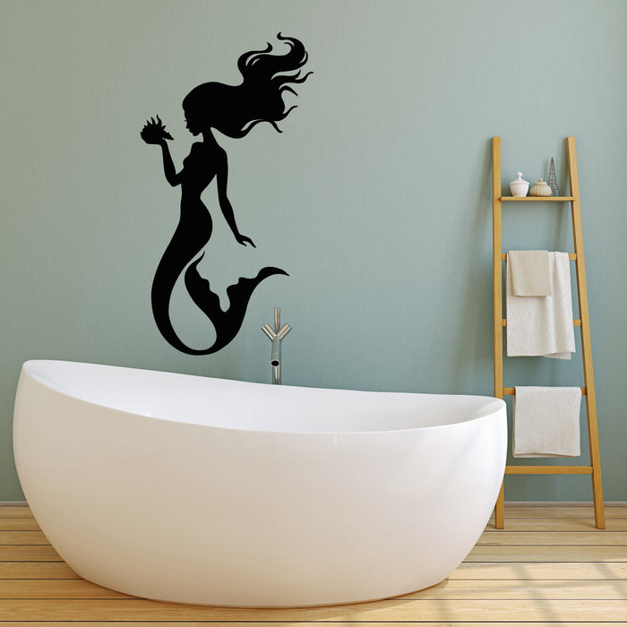 Vinyl Wall Decal Silhouette Beautiful Mermaid Shell Stickers (2278ig)