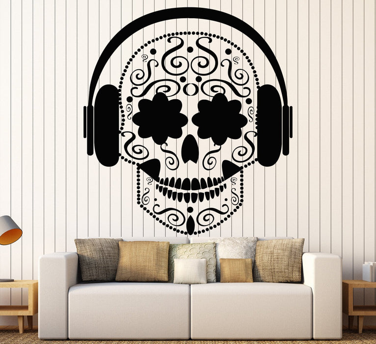 Vinyl Wall Decal Art Mexican Skull Flowers Musical Headphones Stickers Unique Gift (1285ig)