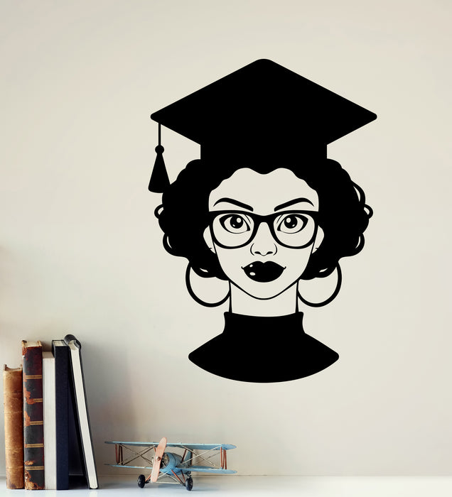 Vinyl Wall Decal Education Graduation Cap School Student Beautiful African Black Girl Glasses Stickers (4471ig)