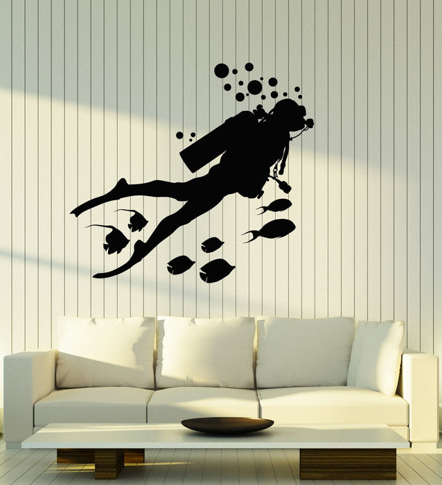 Vinyl Wall Decal Scuba Diving Diver Fishes Bubbles Underwater Bathroom Stickers Mural Unique Gift (ig5090)