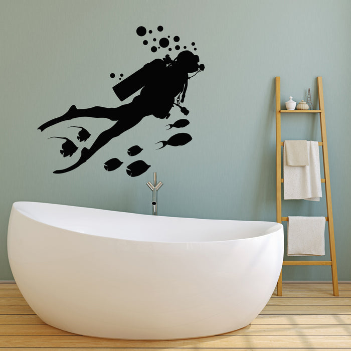 Vinyl Wall Decal Scuba Diving Diver Fishes Bubbles Underwater Bathroom Stickers Mural Unique Gift (ig5090)