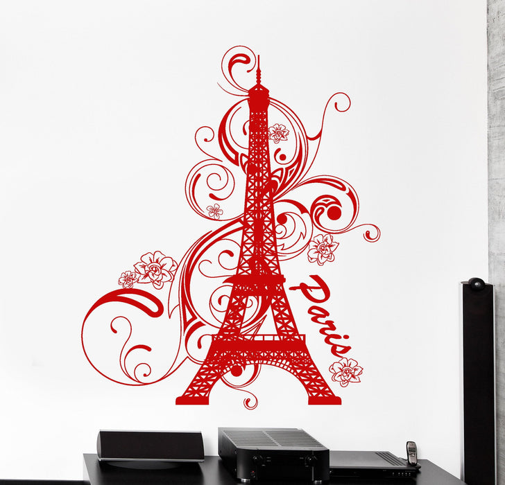 Wall Vinyl Decal Paris Flower Romantic Eiffel Tower Vacation Decor Unique Gift (z3830)
