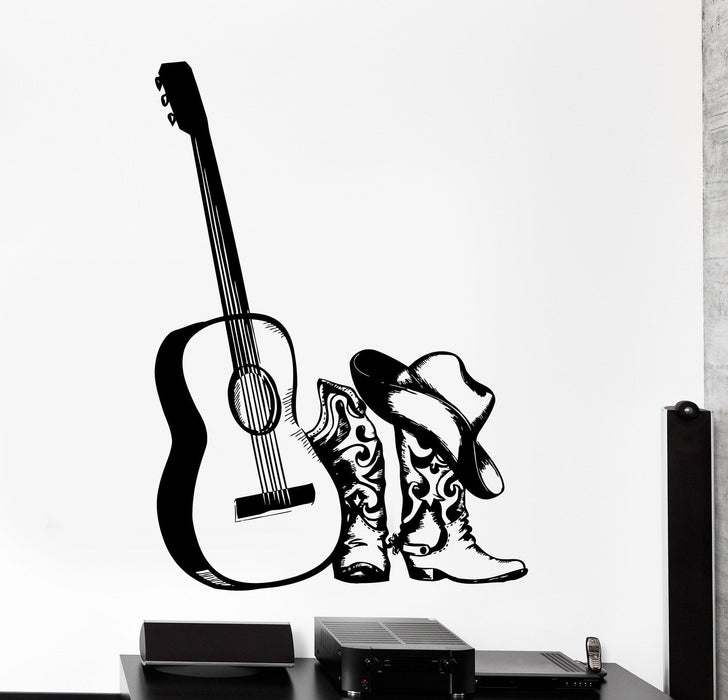 Wall Vinyl Decal Cowboy Hat Boots Guitar Country Music Home Interior Decor Unique Gift z4196