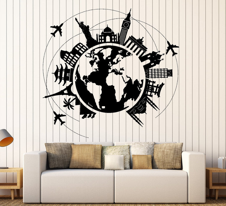 Wall Vinyl Decal Atlas World Map Travel Trip Vacation Famous Places Home Decor Unique Gift z4413