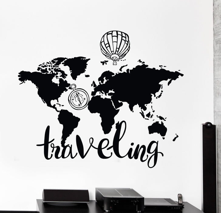 Wall Vinyl Decal World Map Air Balloon Compass Traveling Quote Decor Unique Gift z4434