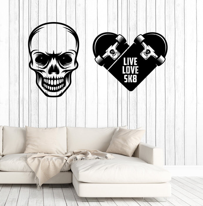 Wall Vinyl Decal Skull Skateboard Words Live Love SK8 Ska-Punk Decor Unique Gift z4790
