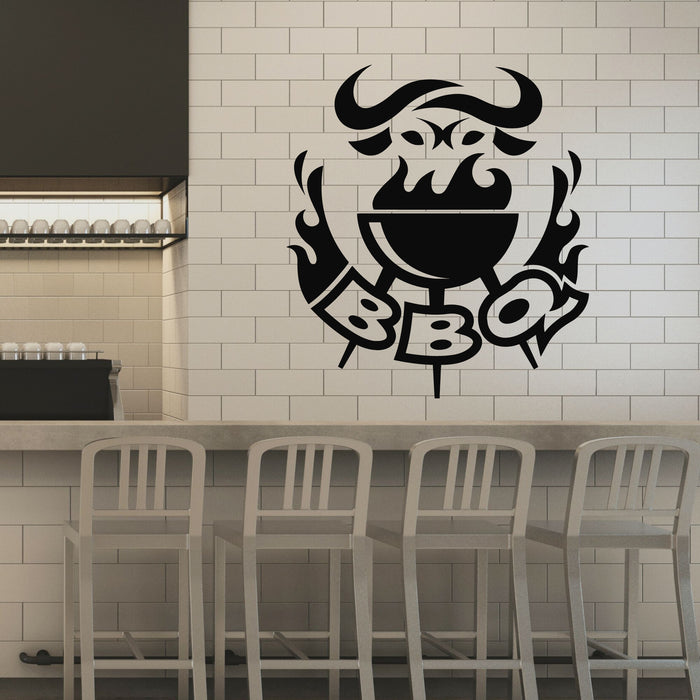 Vinyl Wall Decal BBQ Grill With Fire Barbeque Bar Fresh Beef Stickers Mural (g8762)