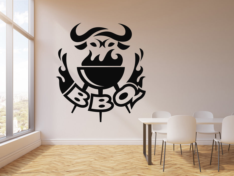 Vinyl Wall Decal BBQ Grill With Fire Barbeque Bar Fresh Beef Stickers Mural (g8762)