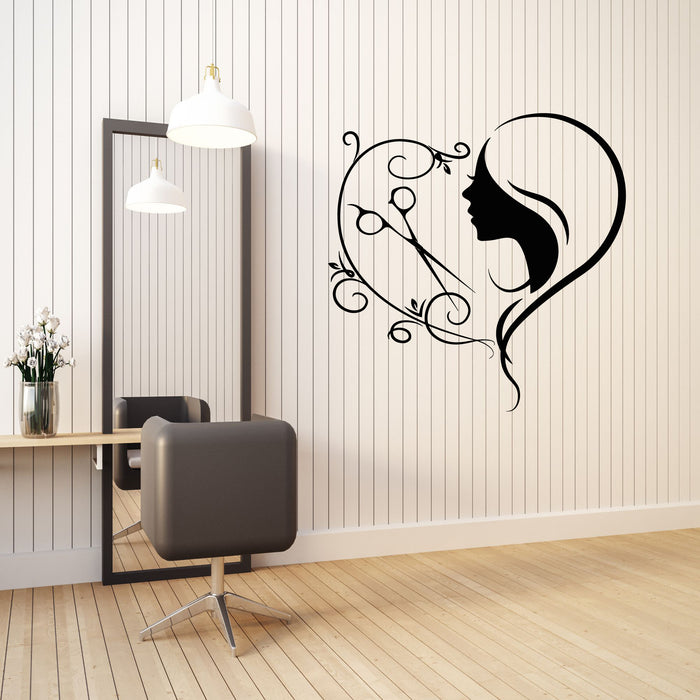 Vinyl Wall Decal Hair Scissors Logo Hairdresser Beauty Salon Heart Symbol Stickers Mural (g8672)