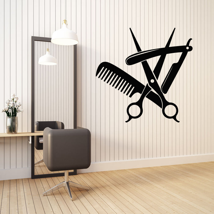 Vinyl Wall Decal Hairdressing Tools Barber logo Shaving Scissor Comb Stickers Mural (g8736)