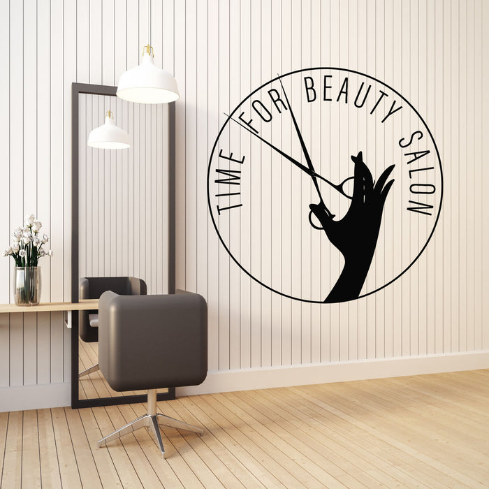 Vinyl Wall Decal Watch Scissors Time For Beauty Hair Salon Quote Stickers Mural (g8745)
