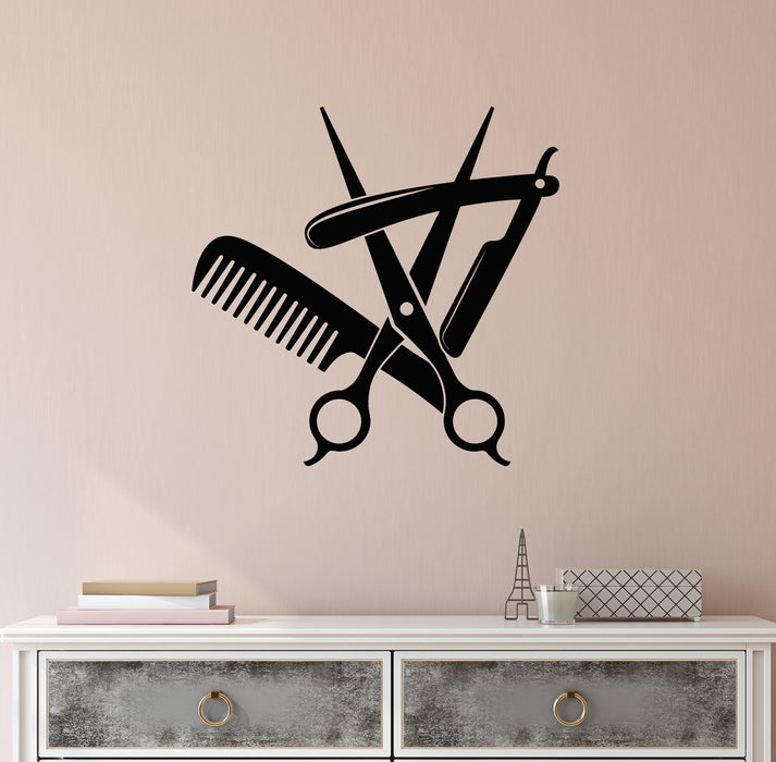 Vinyl Wall Decal Hairdressing Tools Barber logo Shaving Scissor Comb Stickers Mural (g8736)